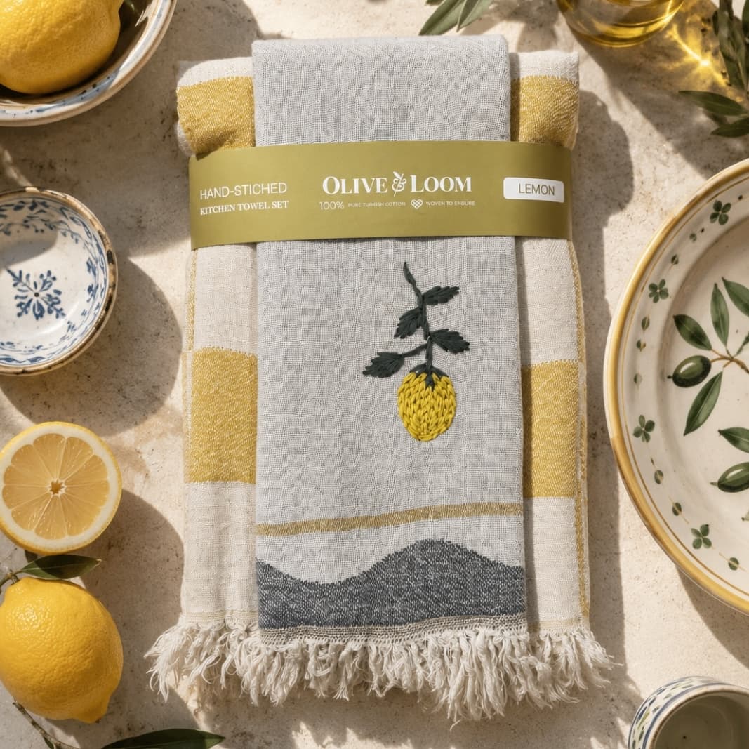 Lemon Hand-Stitched Kitchen Towel Set