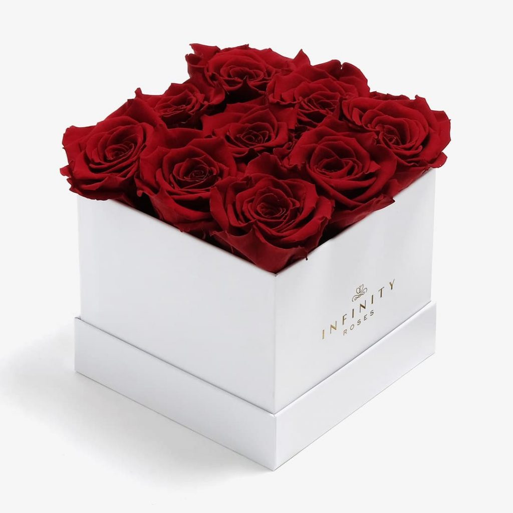 9 red roses in a white square box swag ideas